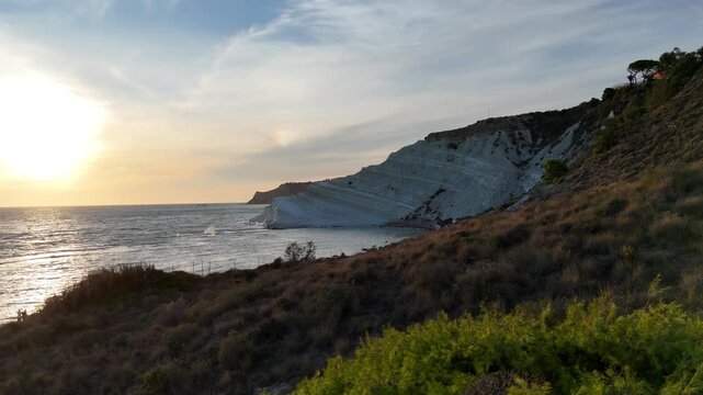 Amazing drone video of the Turkish Steps, Scala dei Turchi, a rocky cliff on the coast of Realmonte, near Porto Empedocle, southern Sicily, Italy
