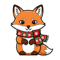 Obraz premium Cute cartoon fox wearing a festive red and green winter scarf
