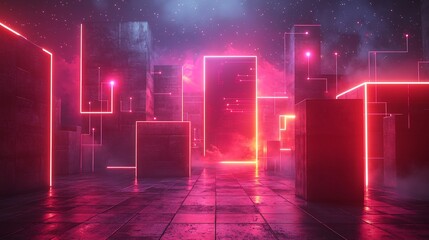 A futuristic cityscape with neon pink lights and a starry sky in the background creating a surreal scene