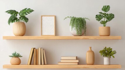 Modern Minimalist Shelf Display with Green Plants, Wooden Accents, and Stylish Decor for Contemporary Interior Design 4k video footage