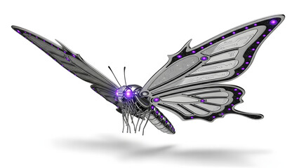 Intricate mechanical butterfly with purple accents and detailed wings