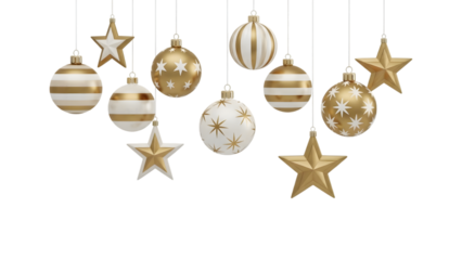 Golden christmas ornaments hanging festive holiday decorations isolated on transparent background