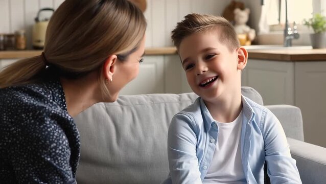Joyful Moments: A Mother and Son Laughing Together in a Bright Kitchen
