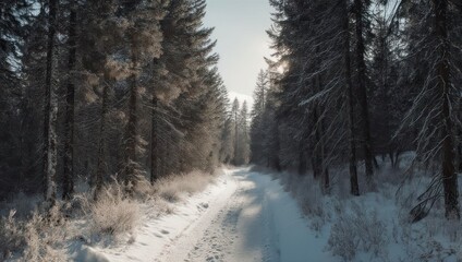 Snowy Forest Road - A Winter Wonderland Path Through the Trees.