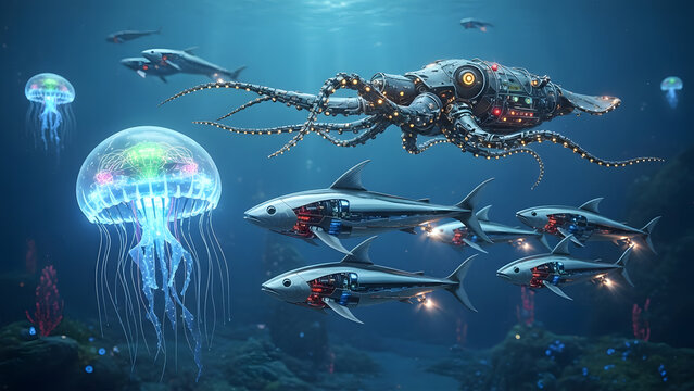 Futuristic underwater scene with mechanical sea creatures and glowing jellyfish