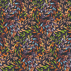 Fototapeta premium Colorful leafy seamless pattern on dark background. Beautiful print with hand drawn plant, branches and leaves. Botanical vector designs for bedding, tablecloths, clothing, swimwear, bag, packaging