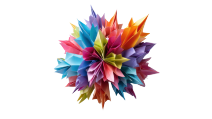 Colorful origami paper flower exploding shape, vibrant geometric papercraft art, creative handmade floral decoration on transparent background