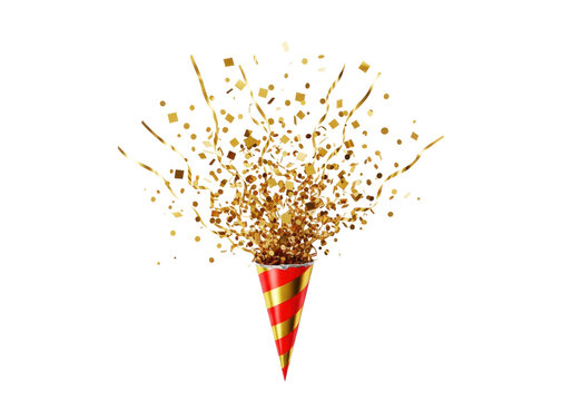 A frozen explosion of high-gloss metallic golden confetti bursting dynamically from a striped red party popper cone, isolated on a transparent background with copy space. Instantaneous celebration