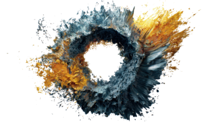 Abstract fluid explosion creating a dynamic gold and blue paint spiral vortex on transparent background