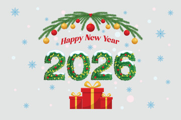 Happy New Year 2026 Festive Illustration with Christmas Garland and Ornaments
