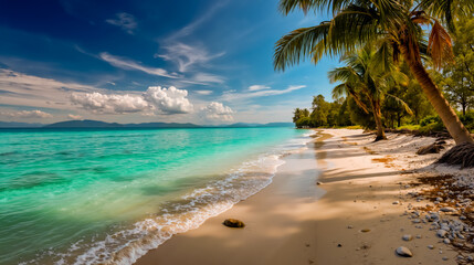 A tropical beach with clear blue water white sand and palm trees