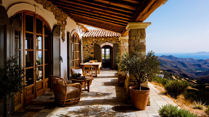 Naklejka premium A picturesque view of a stone house with a wooden roof overlooking a mountainous landscape