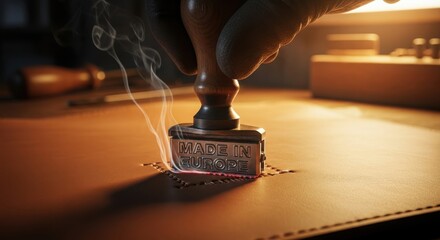 Close-up of Branding Iron Stamping 'Made in Europe' onto Brown Leather