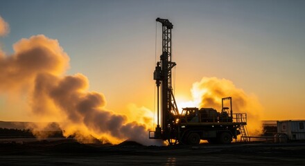 Dramatic Silhouette of Geothermal Drilling Rig with Steam Rising at Sunset