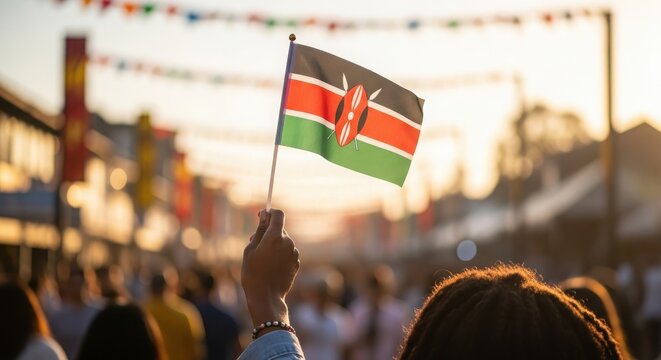 Close-up of Hand Waving Kenya Flag at Vibrant, Sun-Drenched Street Festival