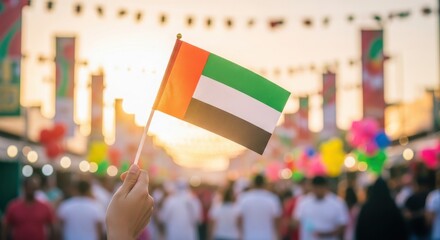 Hand Waving Small UAE Flag at Vibrant, Sun-Drenched Street Festival