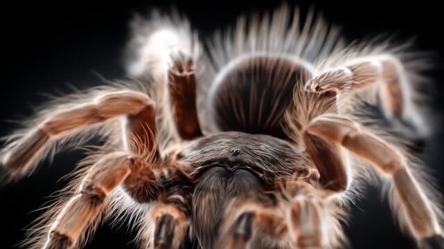 Close up of a tarantula against a dark backdrop showcasing fine details
