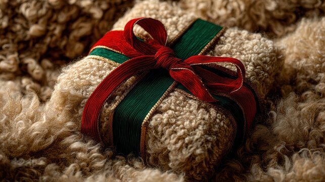 Wrapped Present on Fur: A beautifully wrapped gift, adorned with a festive red ribbon, rests atop a luxurious fur, creating a sense of warmth, anticipation, and indulgence.