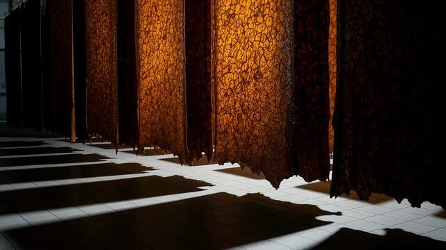 Large sheets of pineapple leaf leather drying in a temperature controlled room, casting unique shadows on floor