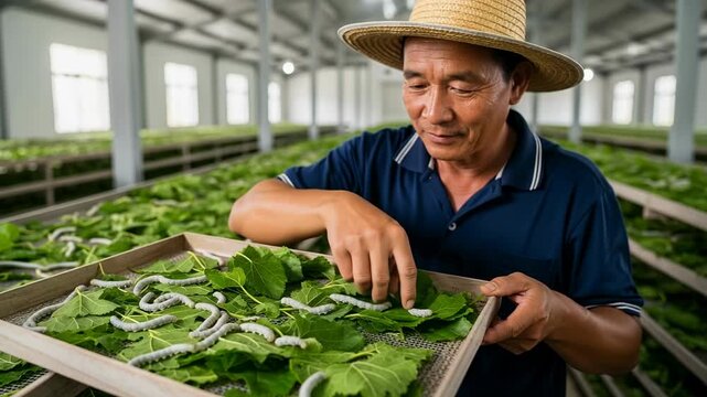 A farmer cares for silkworms as they slowly move and eat fresh mulberry leaves. The bright farm environment showcases the process of silk production.