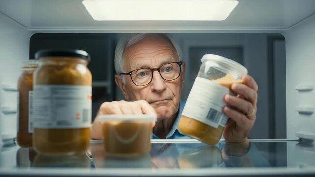 Inside a refrigerator, a senior man with glasses inspects a container labeled tvai. His puzzled expression shows his confusion about the item while he searches for something to eat.