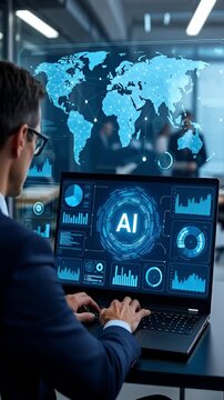Businessman works with AI and big data tools on laptop for analytics and innovation