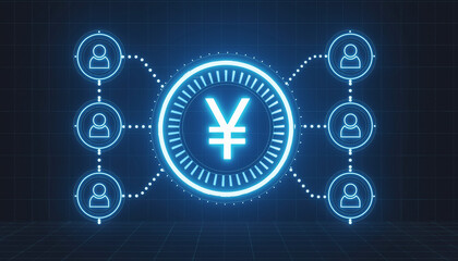 Digital Currency Network: A mesmerizing, futuristic display of financial transactions, featuring a glowing yen symbol encircled by connected user profiles.