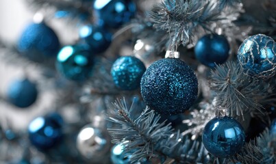 A tree with blue and silver ornaments