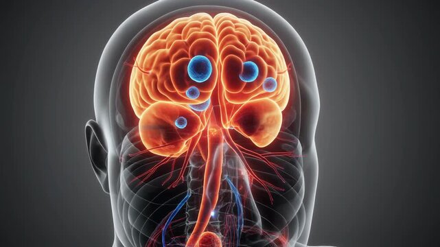 3D animation of human brain with glowing neurons and pathways, reticular thalamic nucleus focus