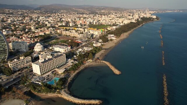  Drone footage of cityscape and coastline of Limassol city. Cyprus Europe.