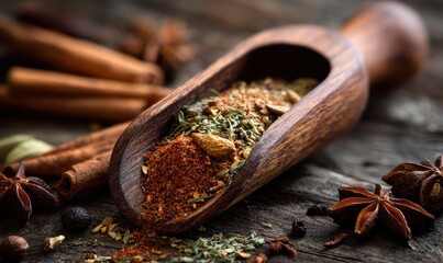 A wooden spoon with a mixture of spices on it