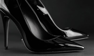 Two black high heels with a shiny finish