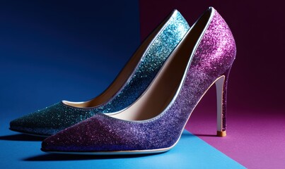 Two glittery high heels are on a blue background