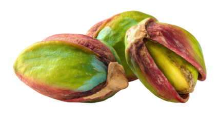 Fresh pistachios with green kernels and vibrant red-purple husks, bursting with healthy nutrients on transparent background