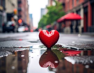 Wet street with a heart shape and reflections