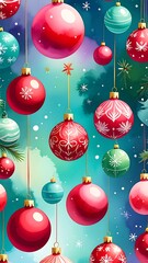 Watercolor-style ornaments adorn festive background, snow falling