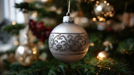 Silver Christmas bauble with ornate glitter pattern hanging on a decorated tree with warm glowing lights