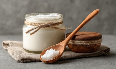 A jar of coconut oil is sitting on a table next to a wooden spoon