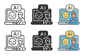 Empathetic AI Expressions. AI interface with empathetic facial expressions on screen, abstract grief support concept, minimal icon