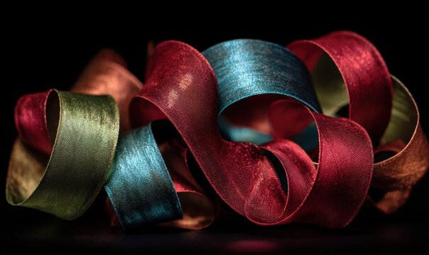 A long ribbon with a green stripe is on a black background
