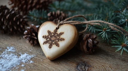 Wooden heart ornament with burned snowflake design resting on rustic wood surrounded by pine branches and cones