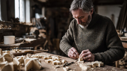 A craftsman carving small wooden star shapes in a rustic workshop with sawdust flying around