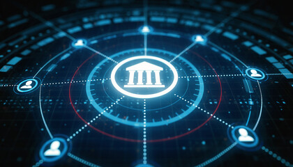 Digital Banking Network: An intricately designed digital representation of a banking network, showcasing interconnected nodes and the central bank's symbol.