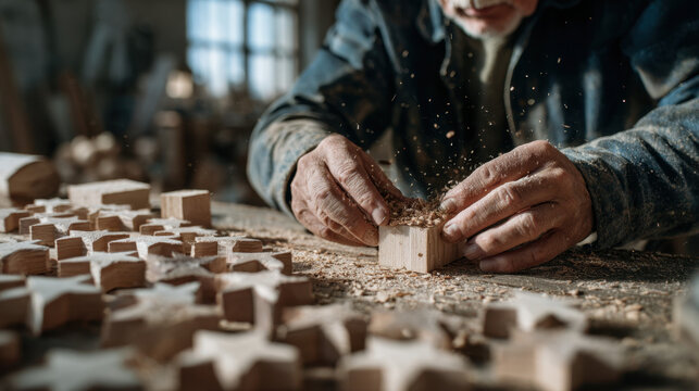 Elderly craftsman carving wooden star shapes in a rustic workshop as wood shavings scatter around - Powered by Adobe