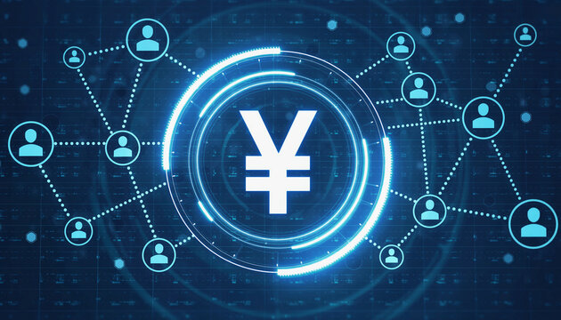 Digital Yen: Digital representation of the Chinese currency symbol yuan, is interconnected with multiple individual icons, symbolizing a global digital finance network.