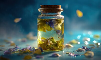 A glass jar filled with flowers and leaves