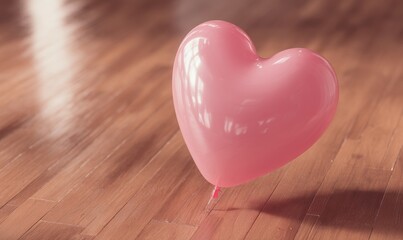 Fototapeta premium A pink balloon heart is on a wooden floor