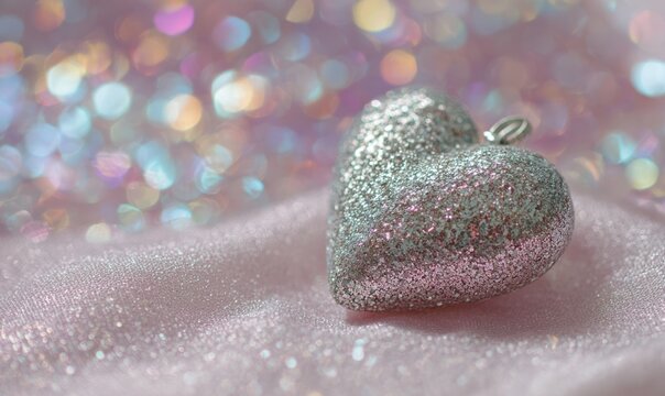 A silver heart with pink glitter on it is on a pink cloth
