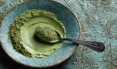 A spoonful of green powder is in a blue bowl