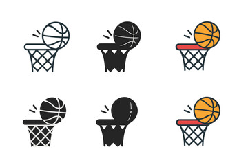 Basketball Style Evolution. Basketball bouncing off rim near falling net first in line style with thin outline, second in solid